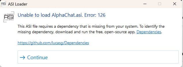 Вікно «ASI Loader — Unable to load AlphaChat.asi. Error: 126»